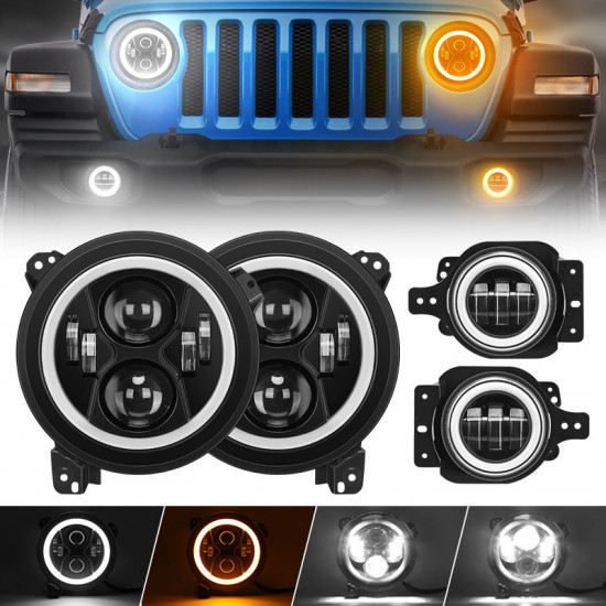 4-in-1 controlled 9'' jeep halo headlights & fog lights with drl for 2018-later jeep wrangler jl & gladiator jt