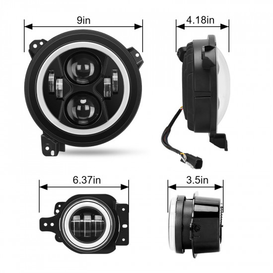 4-in-1 controlled 9'' jeep halo headlights & fog lights with drl for 2018-later jeep wrangler jl & gladiator jt