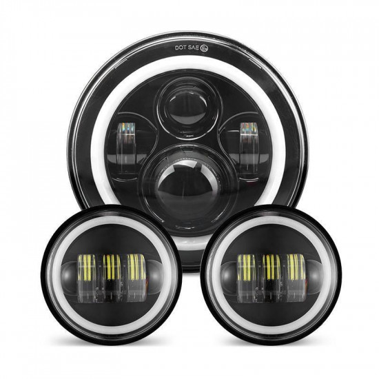 7 inch led headlight with white halo and turn signal lights + 4.5 inch led halo fog lights