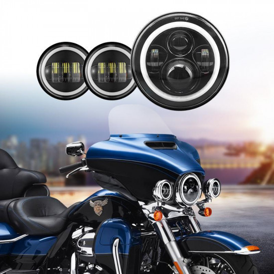 7 inch led headlight with white halo and turn signal lights + 4.5 inch led halo fog lights