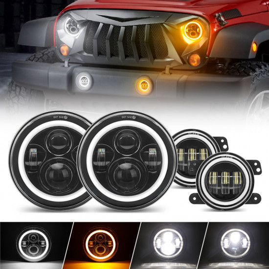 4-in-1 controlled 7'' led halo headlights and 4'' cree led halo fog lights with turn signals for jeep wrangler jk