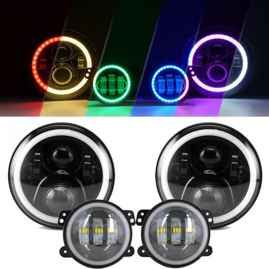 7inch rgb led headlights + 4inch led fog light rgb halos for jeep wrangler