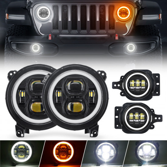 classic 9" halo led headlights with drl & amber turn signals & led halo fog lights for 2018-later jeep wrangler jl and gladiator jt