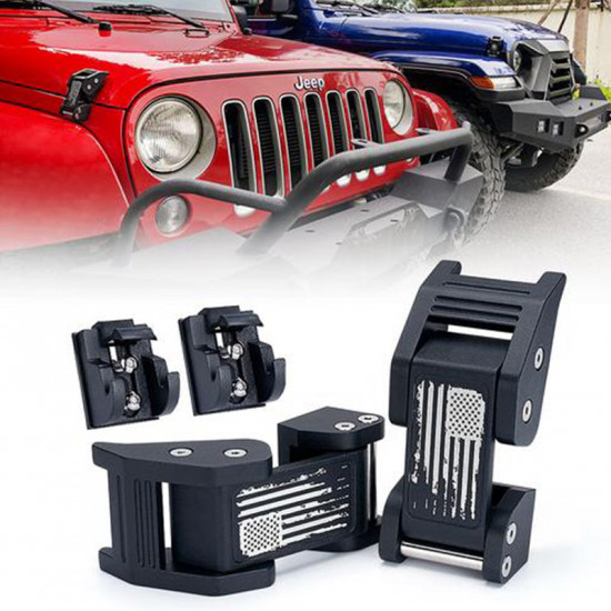 black aluminum jeep hood latch kit with distressed u.s. flag for 2007-2018 jeep wrangler jk & 2018-later jeep wrangler jl