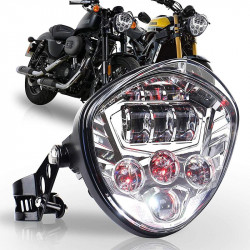 black/chrome universal chopper led headlight with white & red drl + bracket for harley victory honda kawasaki suzuki yamaha