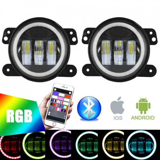 bluetooth 4" cree led fog lights with rgb halo angle eye for jeep jk/jl/jt