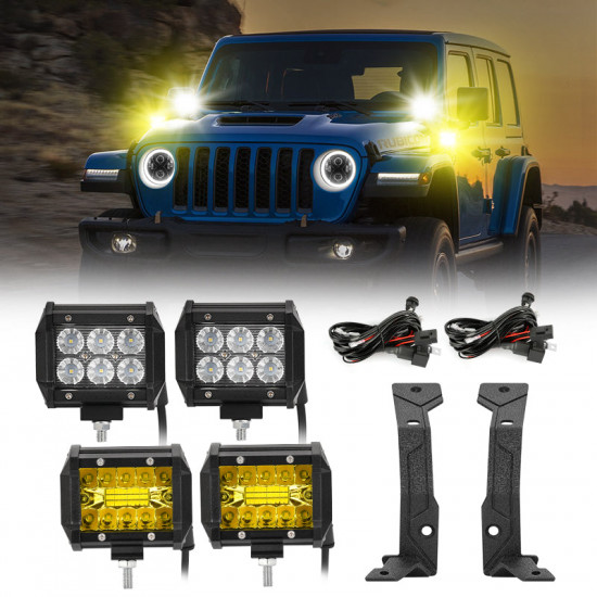 dual amber & white led auxiliary work lights & brackets combo for 2018-later jeep wrangler jl jlu