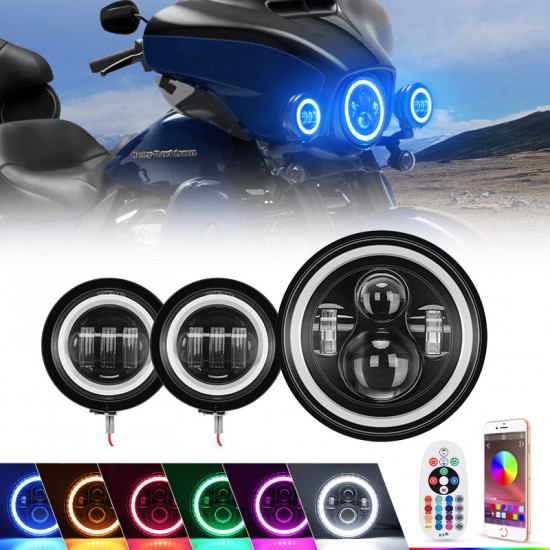 7" rgb led headlight + 4.5" fog lights for touring softail & trike models