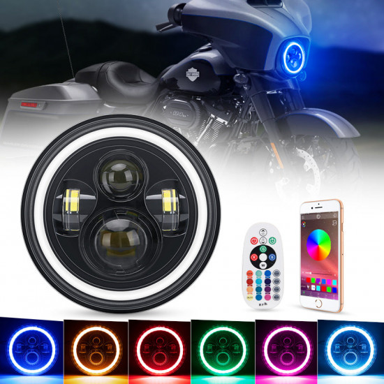 newest 7" led headlights with rgb halo angel eye app or remote control for motorcycle