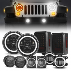 jeep jk 7" halo headlights, 4" halo fog lamps, front turn signals, fender turn signals & tail lights	