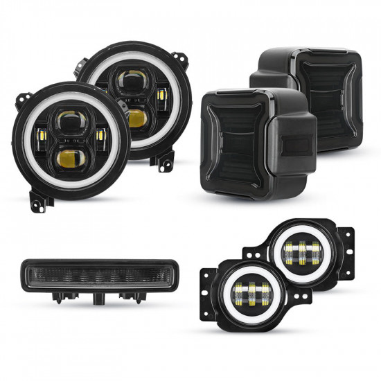 jl mega bundle - 9 inch led rgb halo headlights, rgb fogs, tail lights, brake lights for jeep wrangler jl