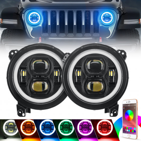 jl mega bundle - 9 inch led rgb halo headlights, rgb fogs, tail lights, brake lights for jeep wrangler jl