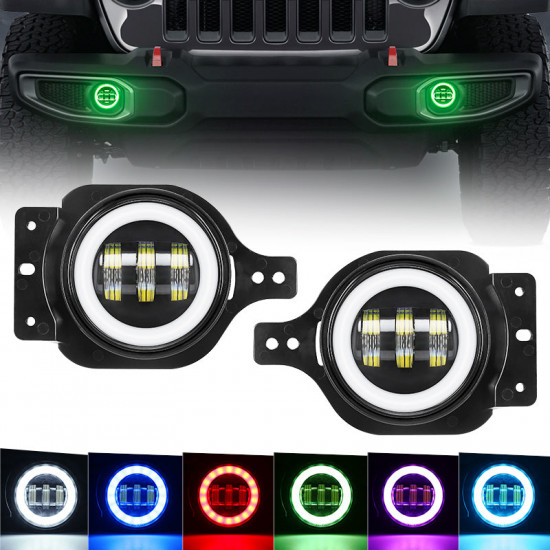 jl mega bundle - 9 inch led rgb halo headlights, rgb fogs, tail lights, brake lights for jeep wrangler jl