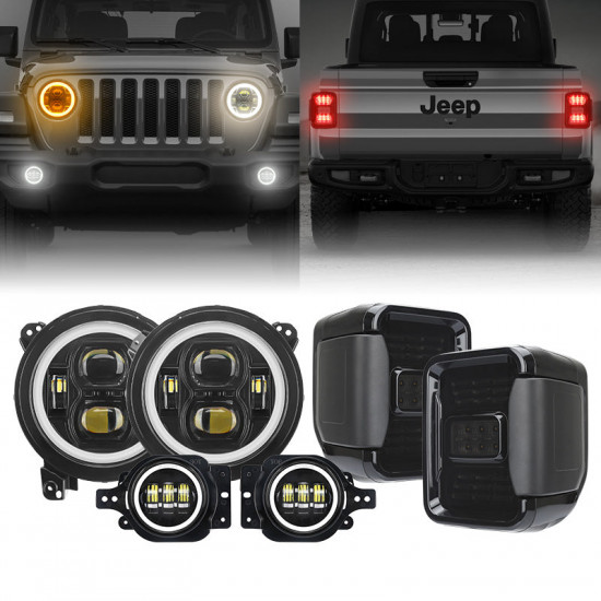 jt mega bundle - 9" led halo headlights with turn signals, fogs, tail lights for jeep gladiator jt