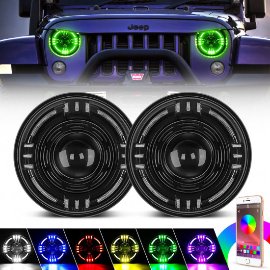 Tunnel Series 7" LED RGBW Headlights With Angel Eye Bluetooth Control For 1997-Later Jeep Wrangler